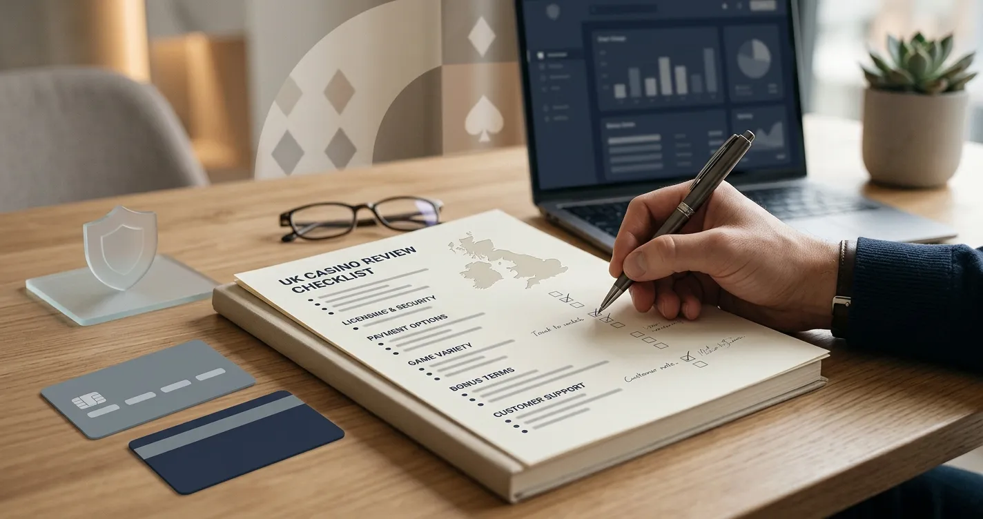 Abstract UK casino review checklist with licence and payment checkpoints