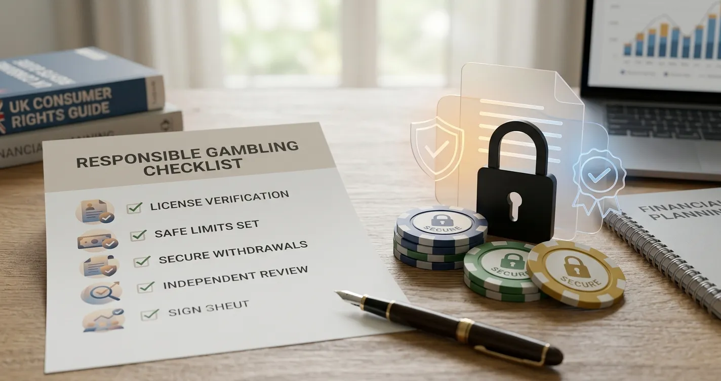 Responsible casino review notes with neutral checklist symbols