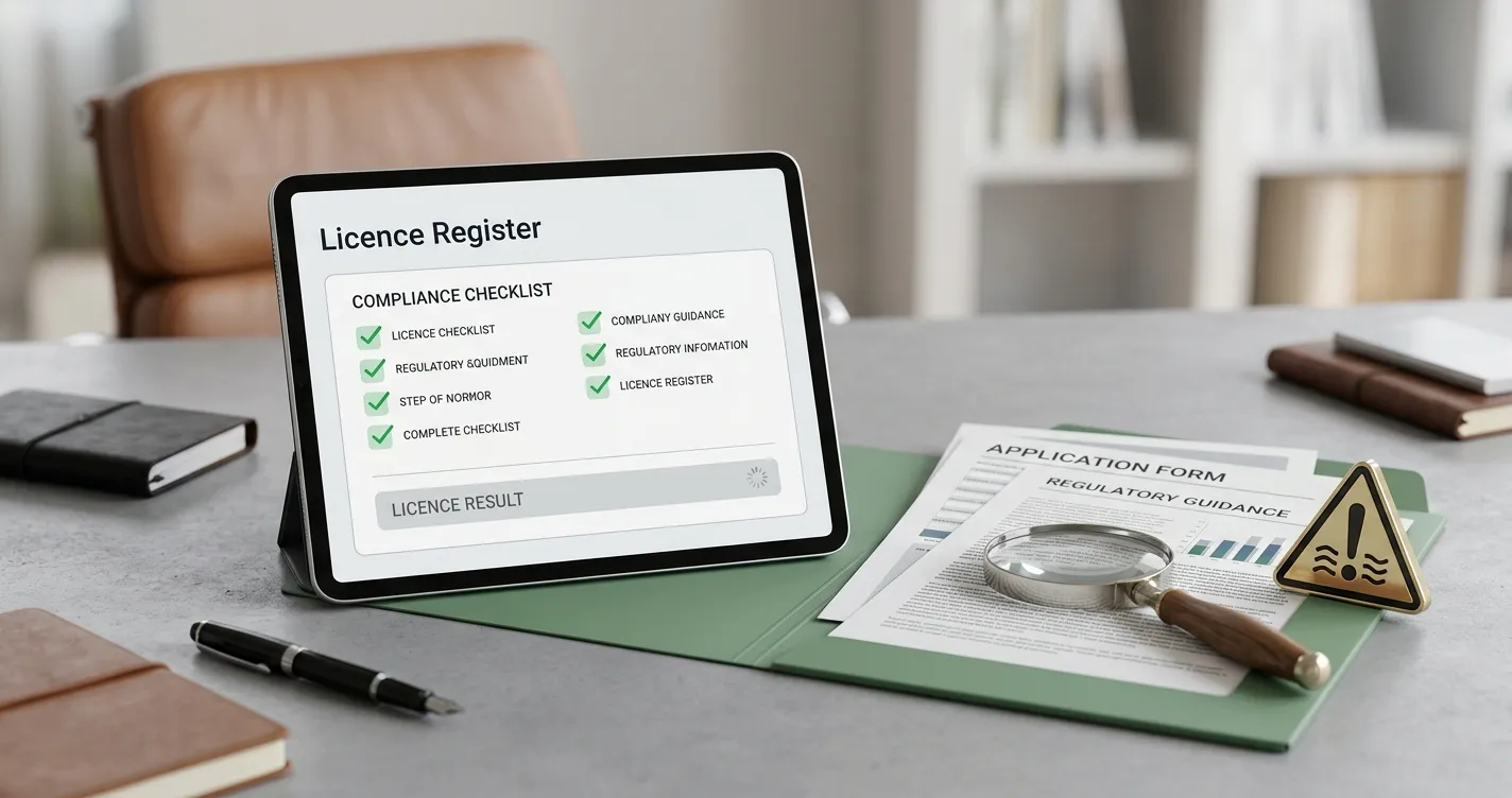 Licence register checklist with blank result field and caution note